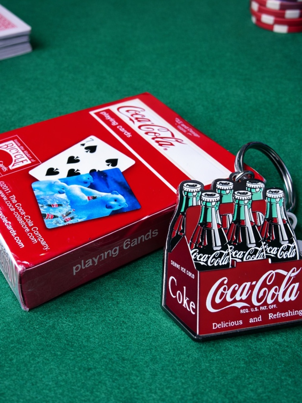 Coca-Cola Red Bottle Six-Pack Keychain with Matching Red Playing Cards